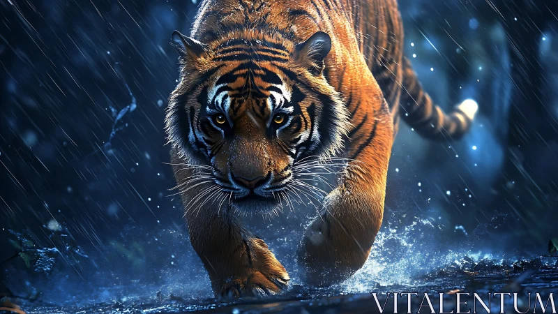 Storm-stalking tiger strides through neon rain and shadowed night.