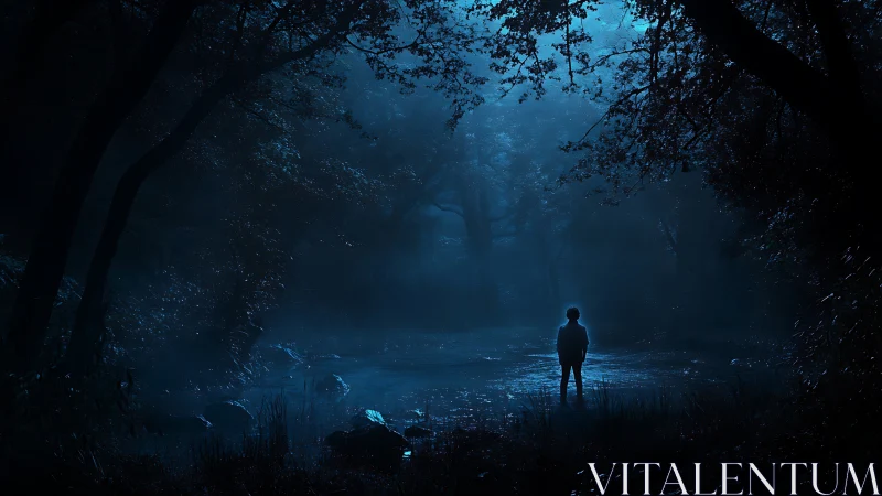 Solitary child stands in moonlit forest clearing at night