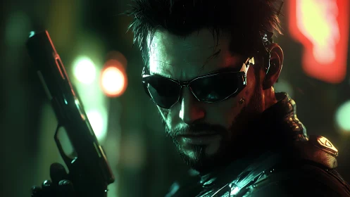 Night city vigilante studies the neon shadows with resolve