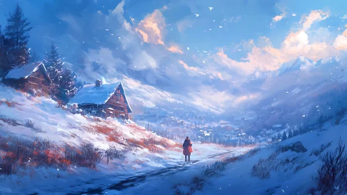 Solitary figure crossing bright winter mountain valley.