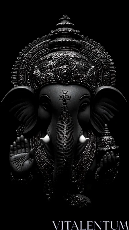 Midnight Ganesha icon carved in shadows and silvered light.