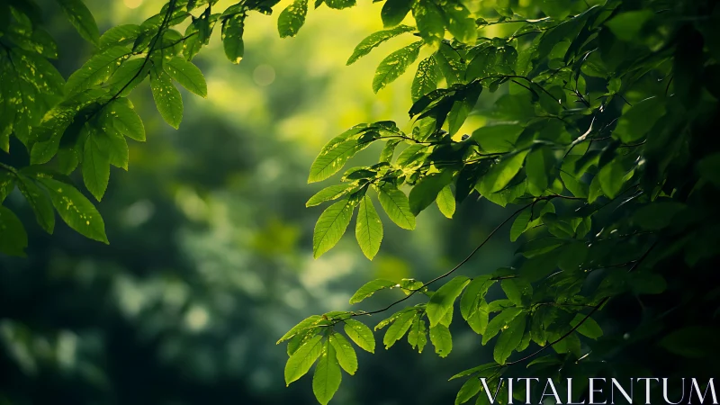 Sunlit Forest Leaves with Dew, Nature Photography Style.