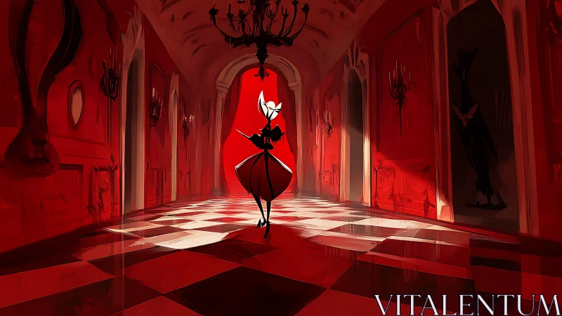 Elegant silhouette commands a crimson palace corridor