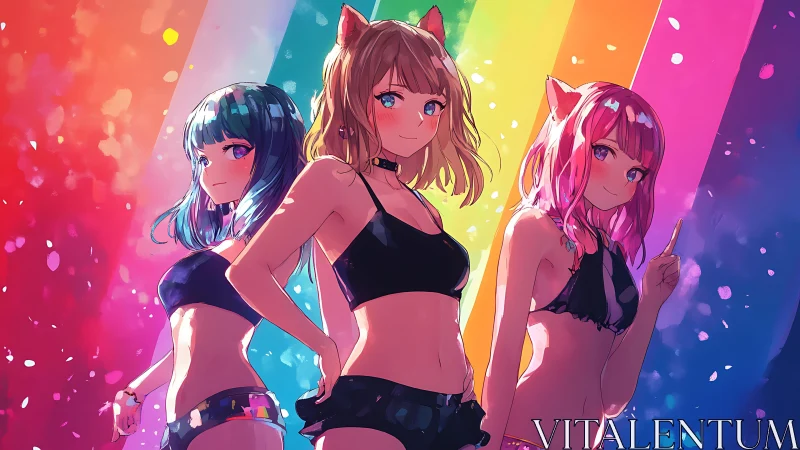 Triadic anime idols in black swimwear under spectral backlighting