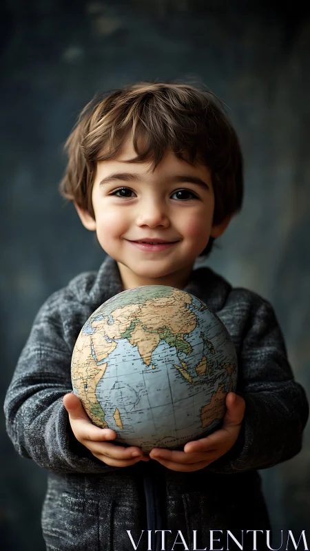 Young boy holds globe with confident smile.