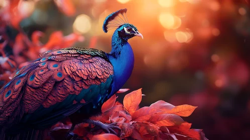Iridescent peacock rendered against bokeh-lit crimson foliage