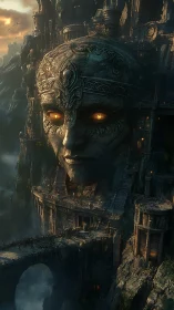 Ancient cliffside guardian with glowing eyes at dusk.