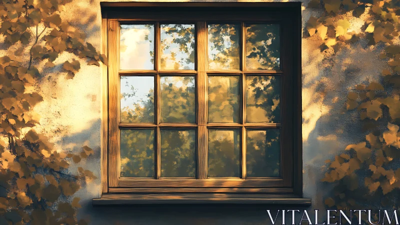 Wooden mullioned window with autumn foliage reflections at dusk