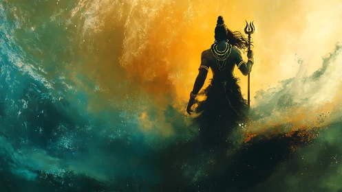 Silhouetted figure with trident stands amid swirling light