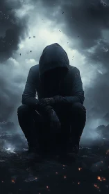 Hooded figure seated in dark, foggy landscape at night.