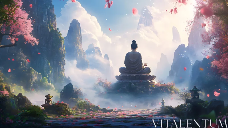 Petals swirl while a lone sage listens to the mountain hush