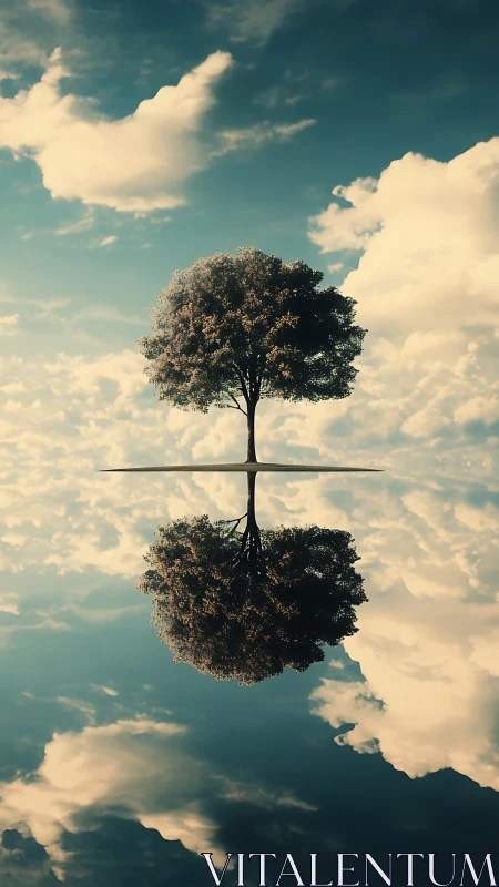 Solitary tree mirrored on calm reflective water surface.