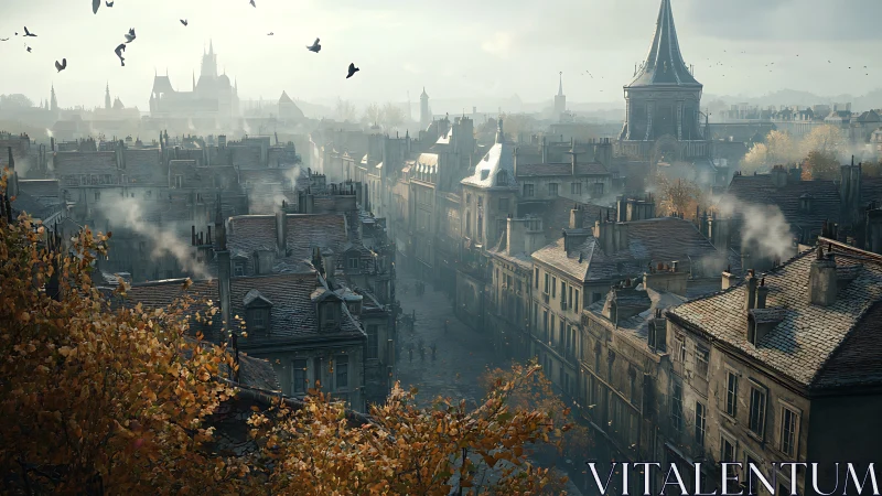 Autumn haze over 19th century European rooftops and steeples