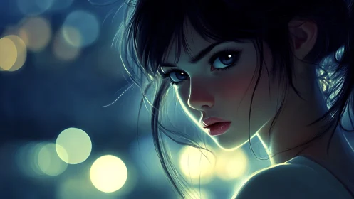 Digital portrait of young woman against blurred night lights.