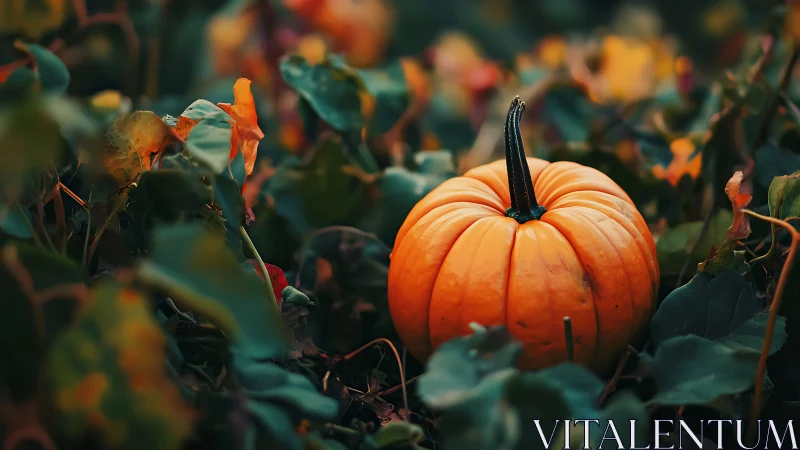 Cozy orange pumpkin resting softly in a leafy autumn garden.