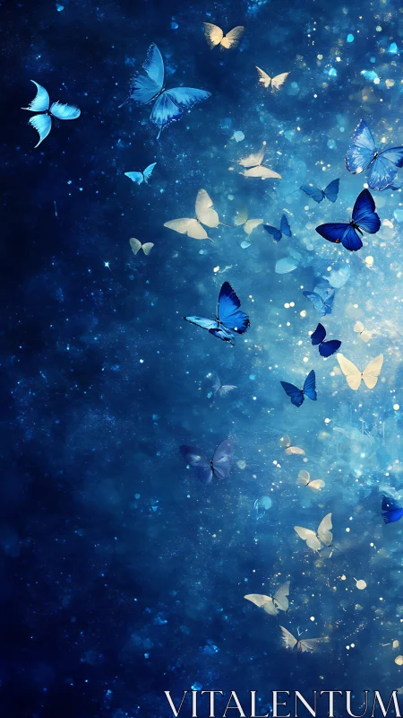 Blue butterflies in glowing night sky abstraction.