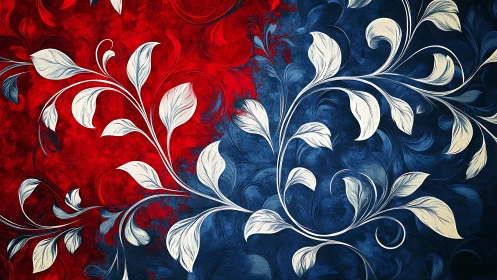 Symmetrical white floral scrollwork over textured red and blue fields