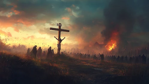 Crucifixion scene overlooks burning village under storm sky