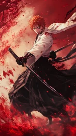 Orange haired swordsman in blood red swirling scene.