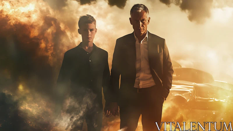 Two storm-steady figures stride from firelit wreckage