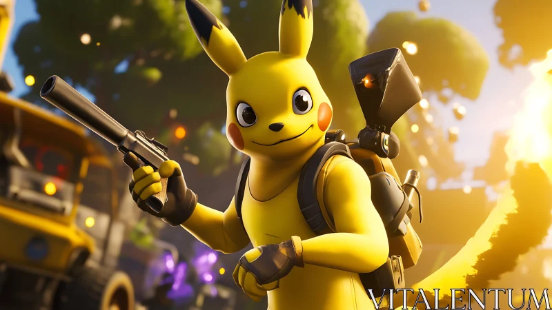 Cartoon electric fighter holds silenced pistol in battle