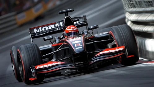 Roaring black race car charges through a tight city circuit