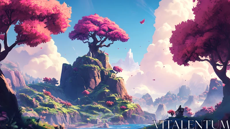 Hero surveys luminous valley beneath towering pink canopies