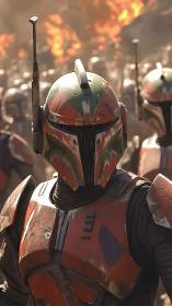 Armored sci-fi soldier leads burning battlefield charge forward