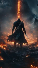 Armored swordsman confronting volcanic fissure in infernal dusk.