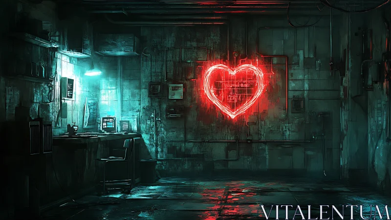 Neon heart glows in dystopian hacking hideout interior.
