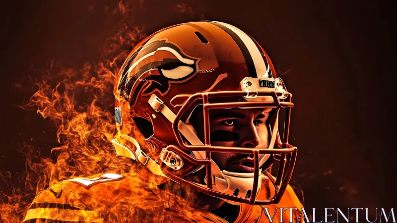 Intense gridiron portrait merges fiery effects with stylized armor rendering