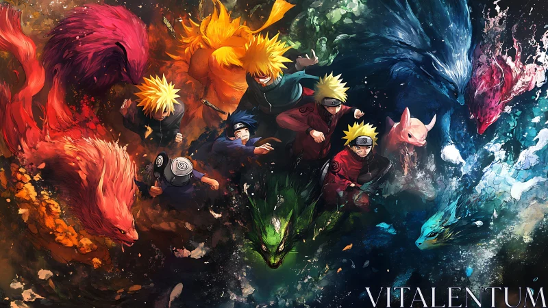 Radial composition aligns multiple ninja forms with elemental beasts