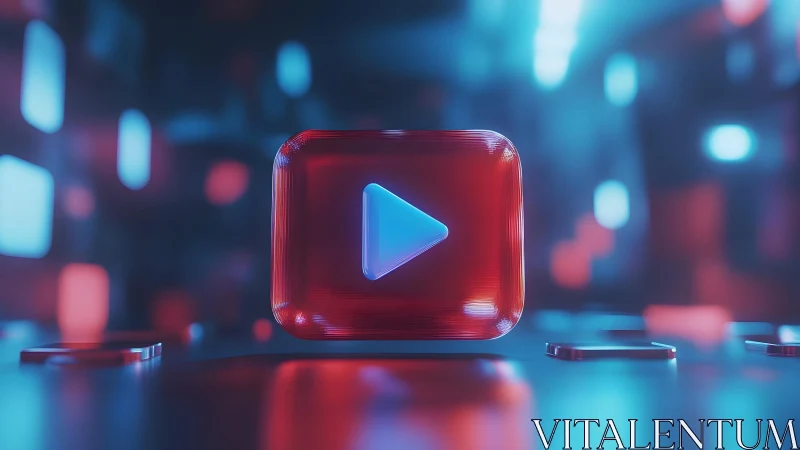 Futuristic 3D Play Button Icon in Neon Colors, Digital Art Style.