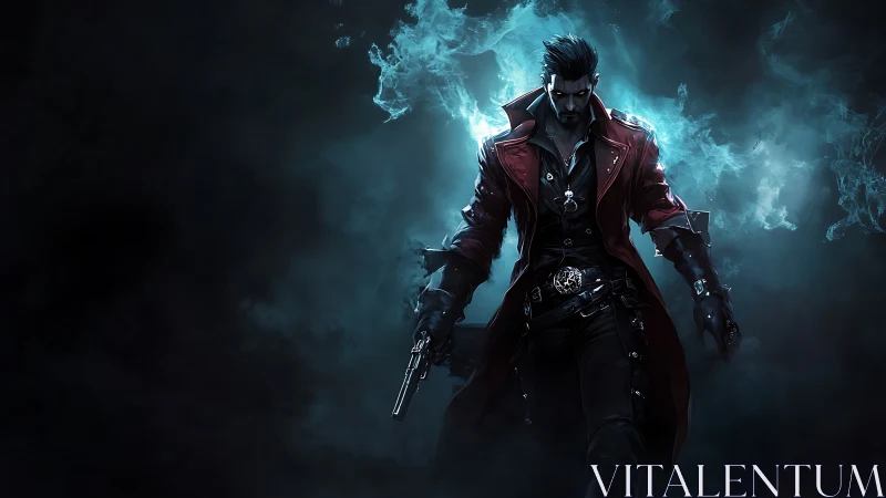 Dark gunslinger strides through ethereal cyan energy halo.