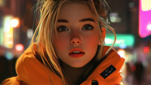 Young woman in orange jacket on blurred city street.