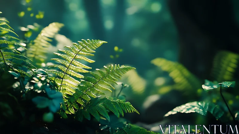 Backlit fern fronds with bokeh forest depth