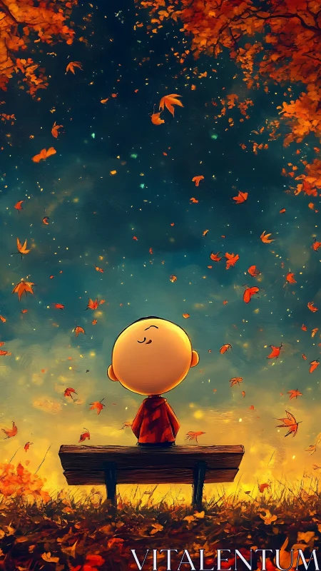 Child on bench enjoys luminous autumn leaves at twilight