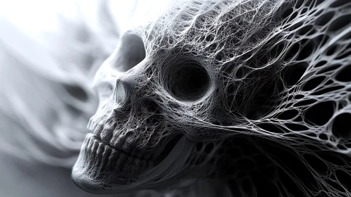 Human skull rendered in filament-like lattice structure