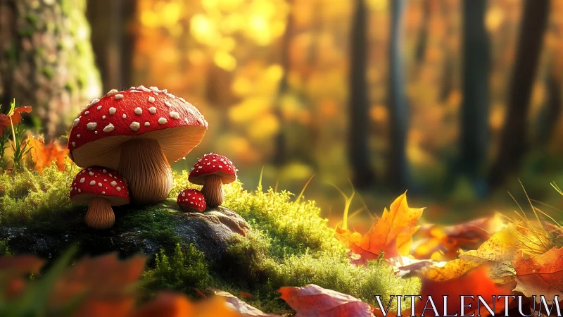 Autumnal forest macro with fly agaric cluster illumination.