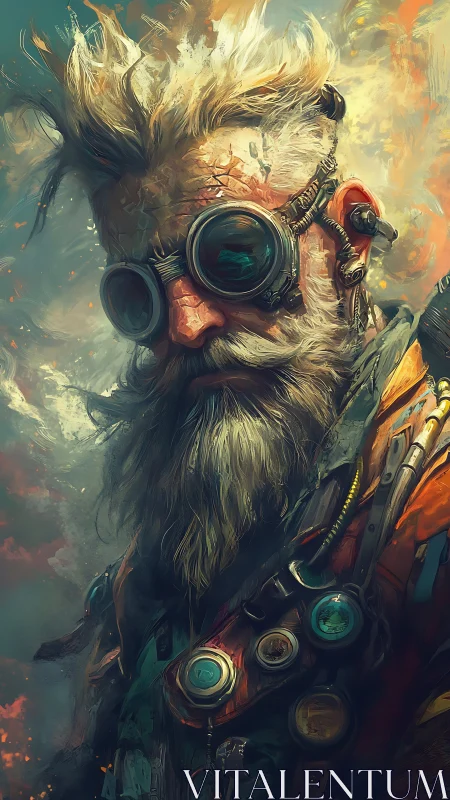 Elderly steampunk mechanic with goggles in dense painterly detail