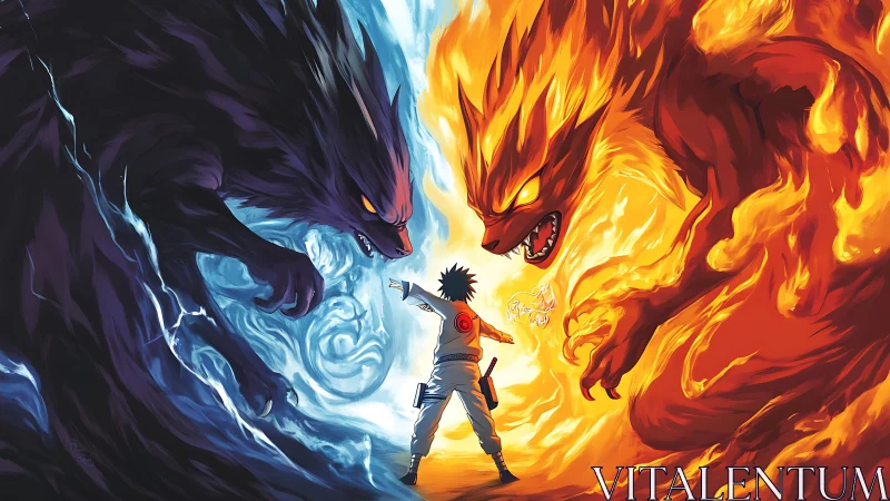 Ninja confronts dual elemental beasts in blazing standoff