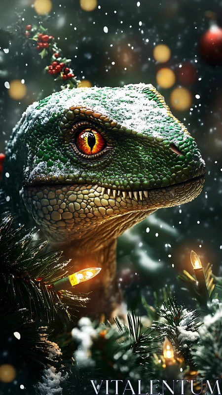 Snow-dusted velociraptor enjoys whimsical festive lights