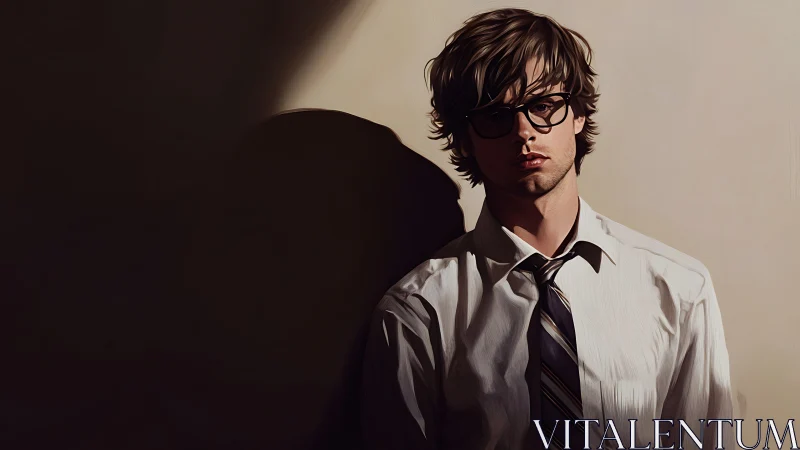 Side-lit young man with stylized shadow in digital chiaroscuro.