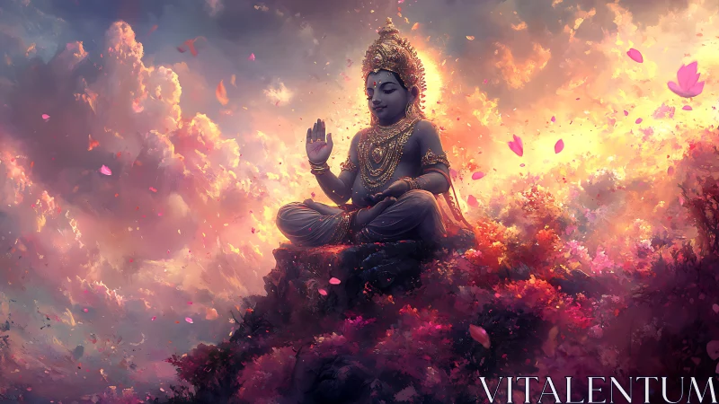 Golden serenity surrounds a meditating deity in glowing clouds