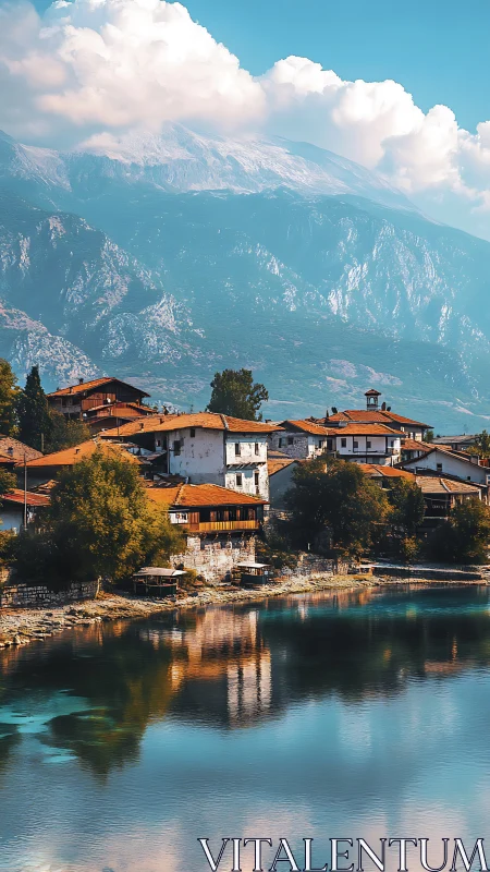 Lakeside terracotta village beneath snow capped alpine massif