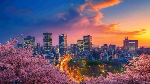 Neon dusk skyline wrapped in soft cherry blossom whispers.