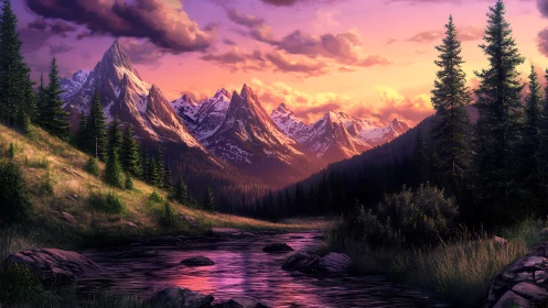 Twilight river winding beneath rosy, snowlit mountain peaks.