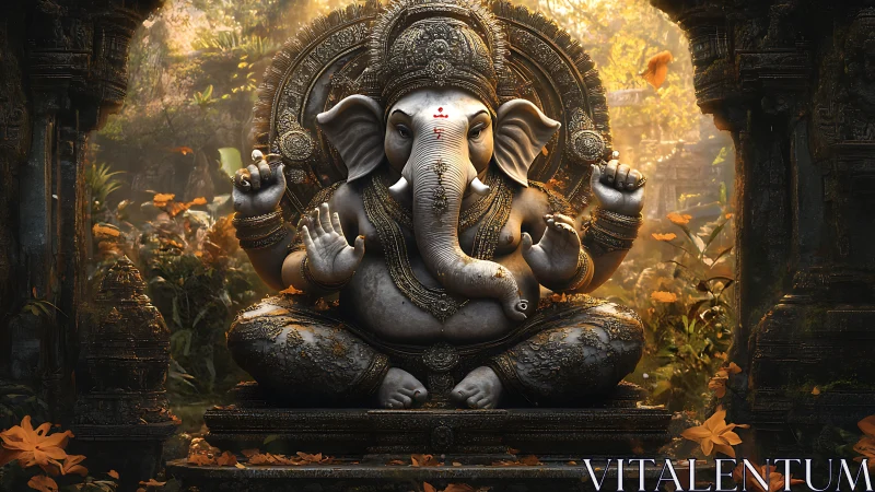 Stone elephant-headed deity sculpture in forest shrine.