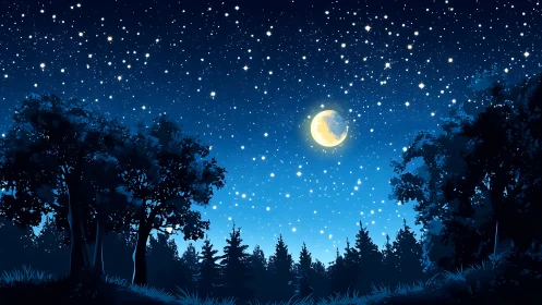 Starlit Night Sky Over Forest Landscape