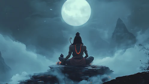 Meditating ascetic silhoutte under luminous full moon on peak